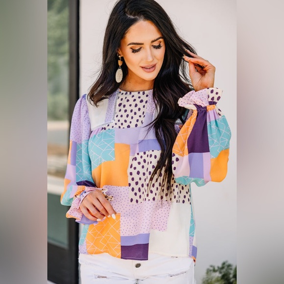 Fate Do Your Best Lavender Purple Abstract Patchwork Blouse Women’s Size Small - Picture 1 of 11